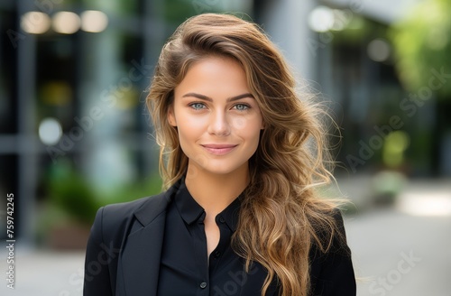 a business woman stands in front of an office building