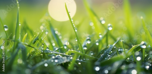 grass covered in water drops on the ground at sunrise