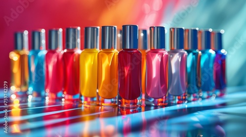 A vibrant and eye-catching photo of unbranded nail polish bottles in a variet...