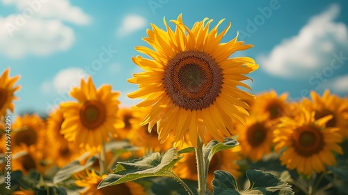 A sunflower field with tall sunflowers standing against a clear blue sky