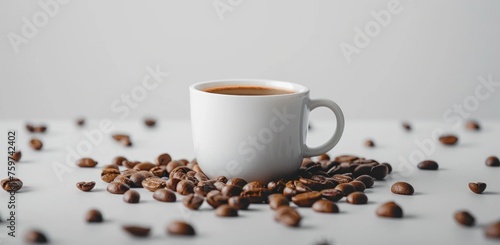 a cup of coffee in front of coffee beans