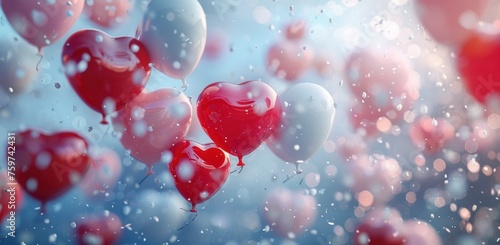 a bunch of red and white balloons fall around the white background