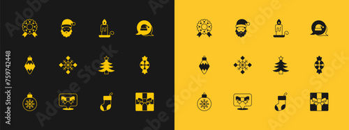 Set Christmas Santa Claus hat, Gift bow, tree, stocking, Snowflake, Burning candle, wreath and beard icon. Vector