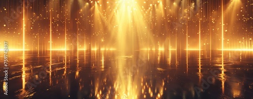 a golden stage light backdrop with spotlights and rays of light