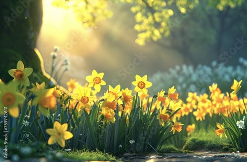 sunshine shining through in the morning daffodil flowers