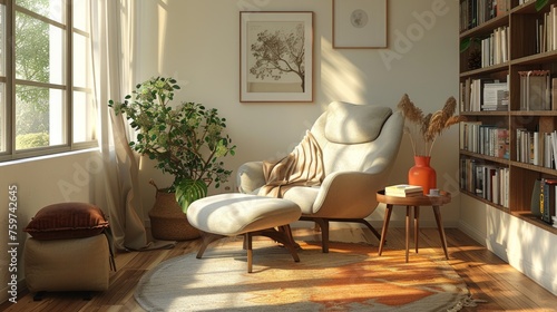 A cozy reading nook with a comfortable chair, a small side table