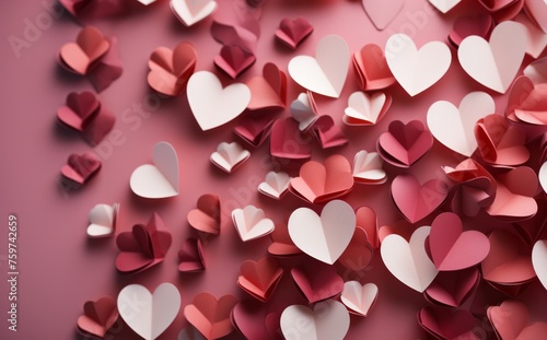 several paper heart shapes on a red background