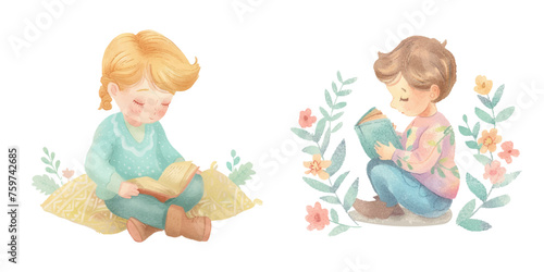 kid reading a book watercolour vector illustration