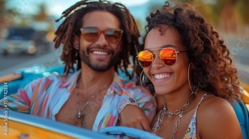 A fun and adventurous photo of a couple on a road trip, sitting in a colorful...