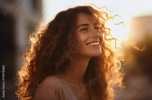 smiling young woman outdoors at sunset