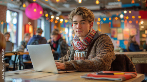 A lively photo of a young entrepreneur working on a laptop in a colorful cowo...