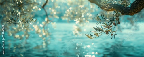 olive branch hangs between a tree and the ocean