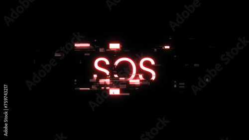 3D rendering SOS text with screen effects of technological glitches