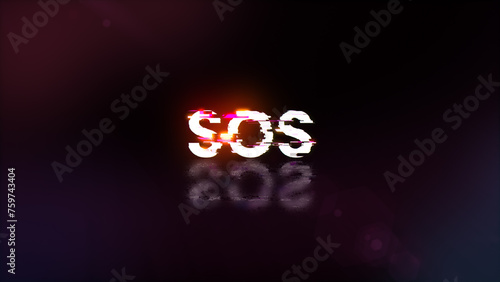 3D rendering SOS text with screen effects of technological glitches