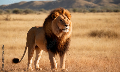 A lion stands confidently in the center of a vast field  its majestic mane blowing in the wind.