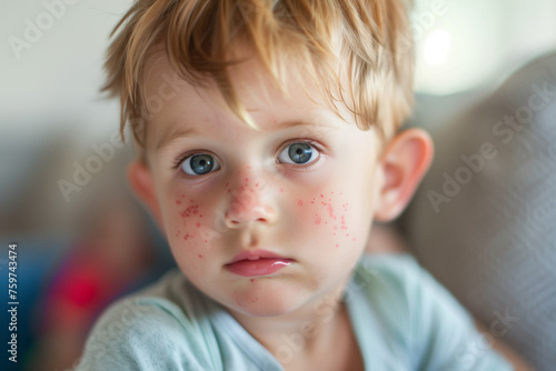 Child with a red allergic rash on his face. Boy with chickenpox, monkeypox on his cheeks. Little kid with severe form of varicella virus. Dermatological diseases photo