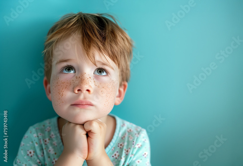 Little red-haired boy with freckles looking up praying or making a wish isolated on blue background with copyspace