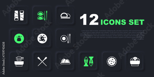 Set Homemade pie, Chow mein on plate, Kung Pao chicken, Served fish, Wonton, Food chopsticks, Dumpling with and Sushi icon. Vector