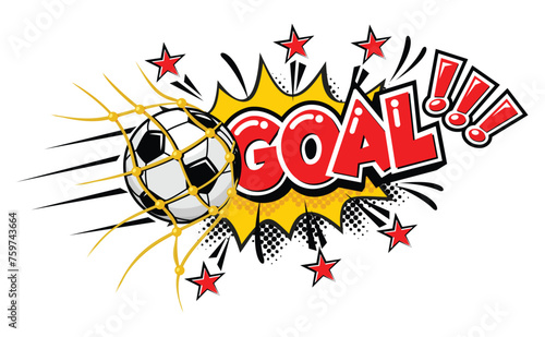 Goal football soccer comic icon. Ball and explosion text speech bubble. Vector sticker template on transparent background