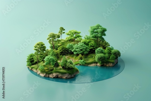 A 3D isometric model of a mini ecosystem island with trees, grass and a lake against a blue gradient background. Environment and sustainability, climate change theme. 