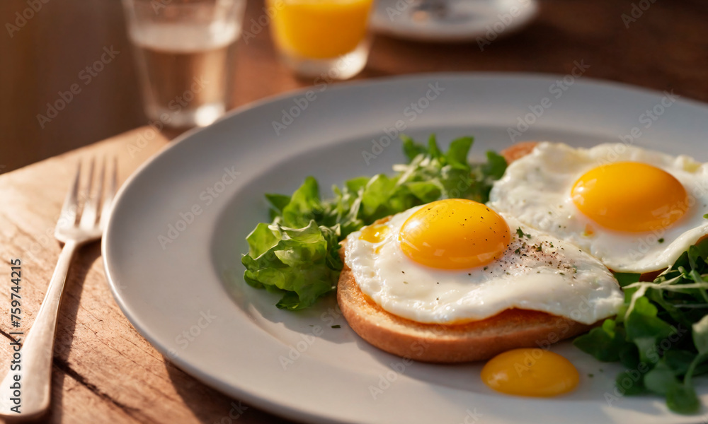 A white plate with two fried eggs on top of toast, creating a classic breakfast dish. A white plate with two fried eggs on top of toast, creating a classic breakfast dish.