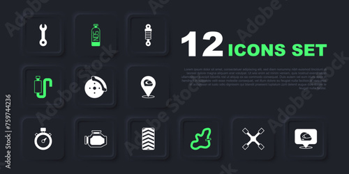 Set Wheel wrench, Racing helmet, Car brake disk with caliper, track, muffler, Check engine, Nitrous oxide and tire wheel icon. Vector