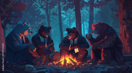 Bears in ties gather around a campfire discussing the stock market. dark fantasy