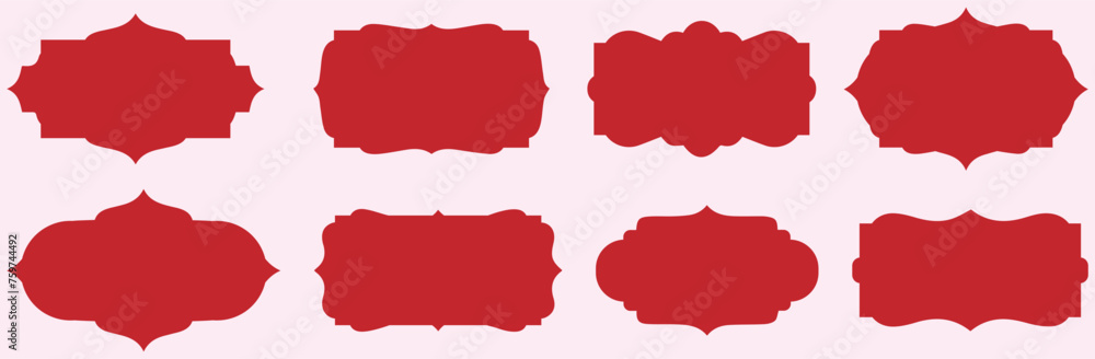set of three red vintage graphic design element.Big Set of Chinese frame corners. Traditional Asian pattern.Illustration set and tape isolated on white background. red vintage details for wedding card - obrazy, fototapety, plakaty 