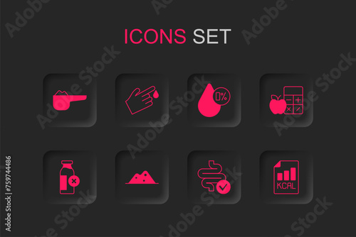 Set Salt, Finger blood, Sports nutrition proteine, Intestines, Calorie calculator, Diet plan, Water balance and Lactose intolerance icon. Vector