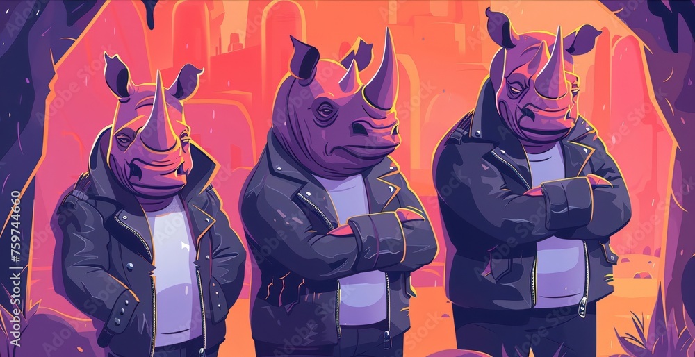 Rhinos in leather jackets stand guard outside a secret underground meeting. cartoon minimal cute flat design - obrazy, fototapety, plakaty 