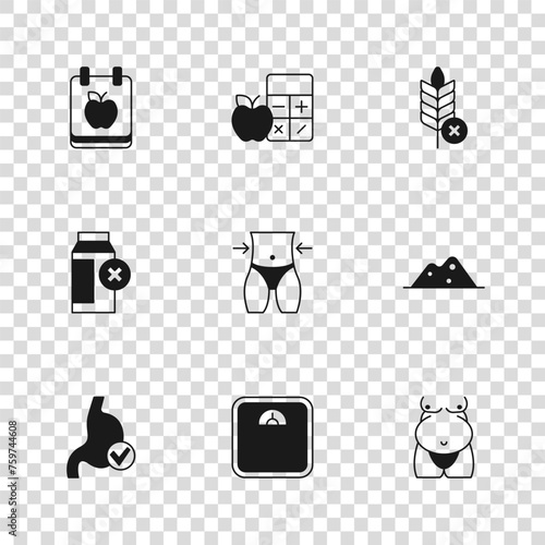 Set Bathroom scales, Salt, Obesity, Women waist, Gluten free grain, Diet plan, Calorie calculator and Lactose intolerance icon. Vector