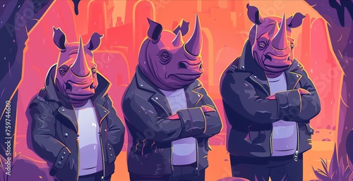 Rhinos in leather jackets stand guard outside a secret underground meeting. cartoon minimal cute flat design