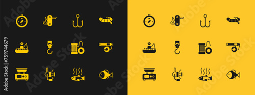 Set Inflatable boat with motor, Spinning reel for fishing, Dead, Spring scale, Fishing hook, Compass and Swiss army knife icon. Vector
