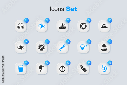 Set Aqualung, Speaker mute, Fish, Fishing bucket, Spinning reel for fishing, Yacht sailboat, Binoculars and Knife icon. Vector