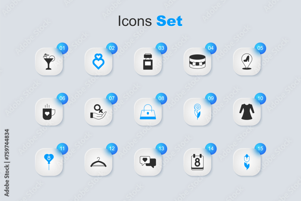Set Calendar with 8 March, Female gender symbol, Heart, Balloons, Flower tulip, Woman dress, Martini glass and Handbag icon. Vector Set Calendar with 8 March, Female gender symbol, Heart, Balloons, Flower tulip, Woman dress, Martini glass and Handbag icon. Vector