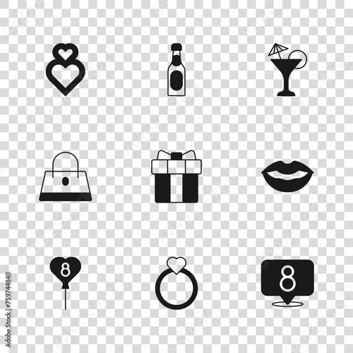 Set Diamond engagement ring, Smiling lips, 8 March, Gift box and heart, Martini glass, Heart, Champagne bottle and Handbag icon. Vector