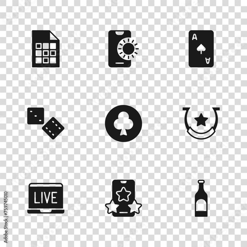 Set Online sports betting, Horseshoe, Bottle of wine, Playing card with clubs symbol, spades, Lottery ticket, and Game dice icon. Vector