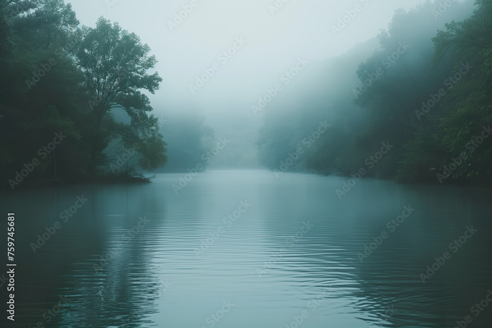 A serene river shrouded in mist, flanked by lush trees. A serene river shrouded in mist, flanked by lush trees.