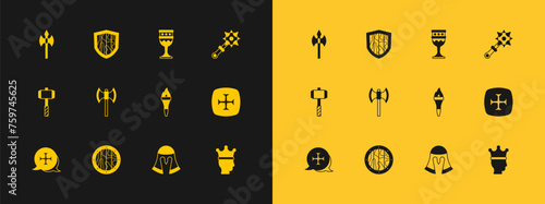Set Mace with spikes, Round wooden shield, Torch flame, Medieval helmet, poleaxe, goblet, and Shield icon. Vector