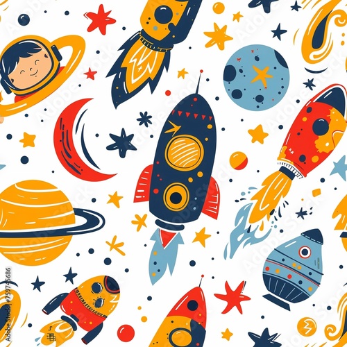 Galactic Astronaut rocket adventures. cute cartoon Seamless Patterns, generative ai  art