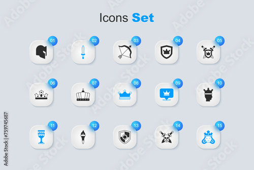Set Skull with sword, King crown, Medieval, goblet, Princess queen, helmet and icon. Vector