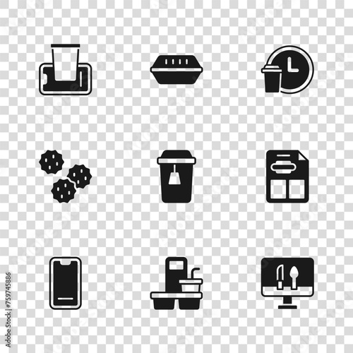 Set Coffee cup to go, Restaurant cafe menu, Online ordering food, Cup tea, Round the clock delivery, Food on mobile, Lunch box and Cookie biscuit icon. Vector
