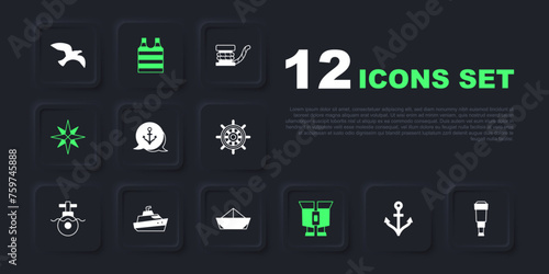 Set Anchor, Spyglass telescope lens, Binoculars, Wind rose, Speedboat, Striped sailor t-shirt and Folded paper icon. Vector
