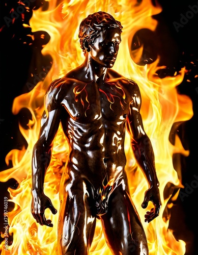 The contours of a bronze figure are highlighted by encircling flames, casting a glow that showcases its dynamic pose. The artwork becomes a spectacle of fire's beauty and the statue's frozen movement.