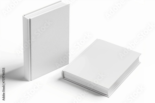 Two white blank books standing and lying on a clean background