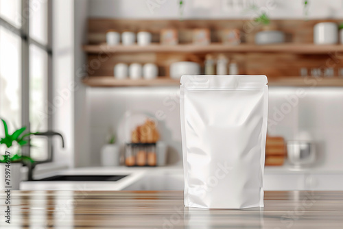 Mockup of white doypack with coffee, tea or spices on the kitchen table with a blurred kitchen background © KEA