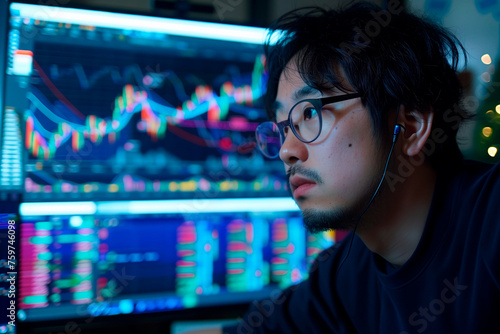 Man doing stock trading and lookingscreen for stock day trading photo