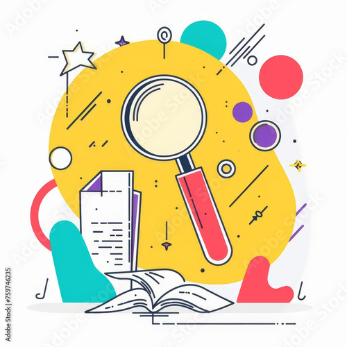 Colorful Line Illustration of Leadership Training Handbook with Magnifying Glass Gen AI photo