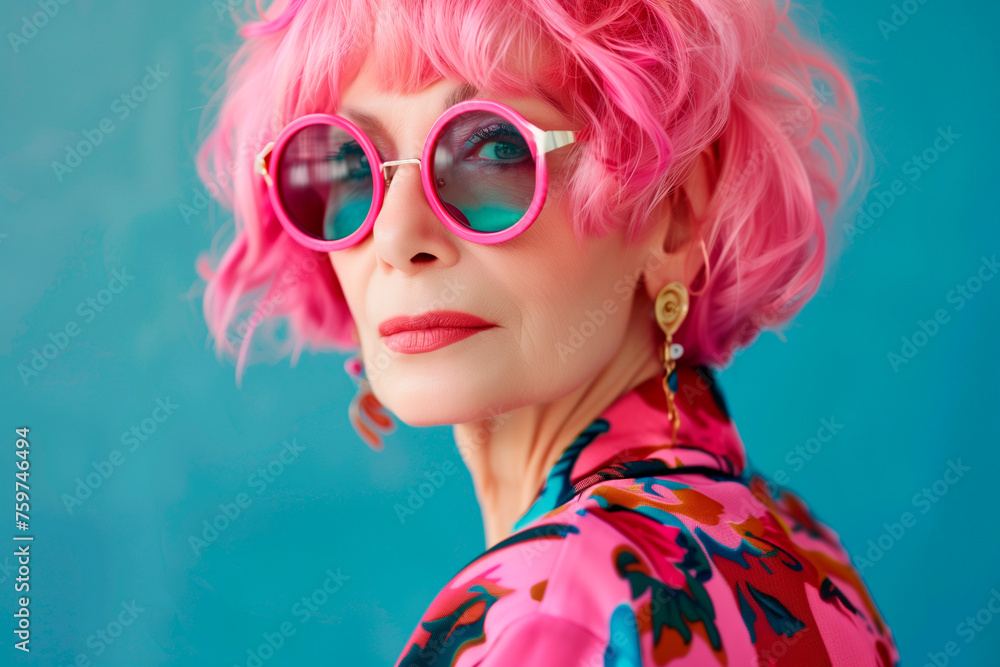 Portrait of beautiful senior woman with pink hair, wearing trendy sunglasses