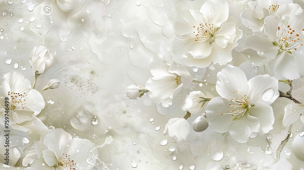 snow-white flowers adorned with delicate water splatters against a wallpaper backdrop, creating a serene and tranquil scene that evokes a sense of peace and serenity. SEAMLESS PATTERN. snow-white flowers adorned with delicate water splatters against a wallpaper backdrop, creating a serene and tranquil scene that evokes a sense of peace and serenity. SEAMLESS PATTERN.